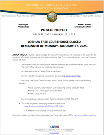 Joshua Tree Closed Remainder of Monday, January 27, 2025